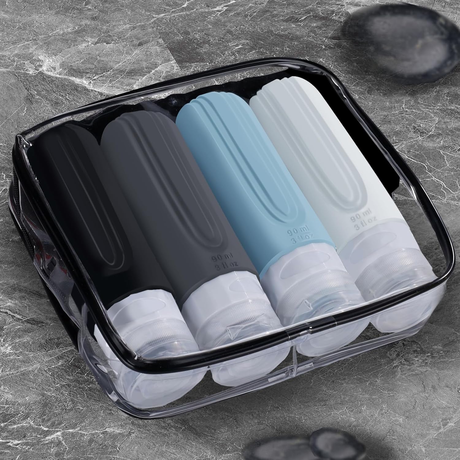 4 Pack Travel Size Bottles For Toiletries, 90ml Tsa Approved Shampoo and Conditioner Containers, Squeezable Silicone Lotion Tubes Spray Bottles, Airplane Travel Essentials - Image 4