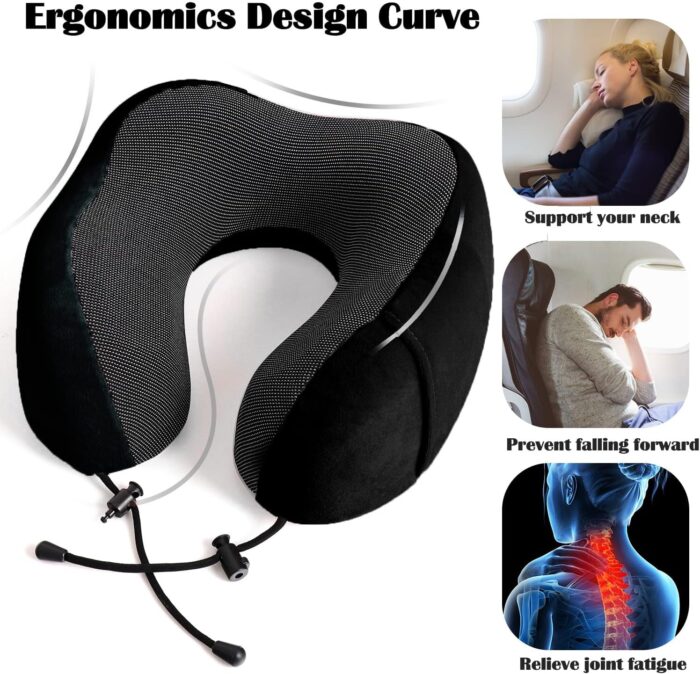 Travel Pillow 100% Pure Memory Foam Neck Pillow, Breathable & Machine Washable Cover, Neck Support Pillow with 3D Contoured Eye Mask, Earplugs & Portable Bag for Airplane Travel (Black) - Image 2