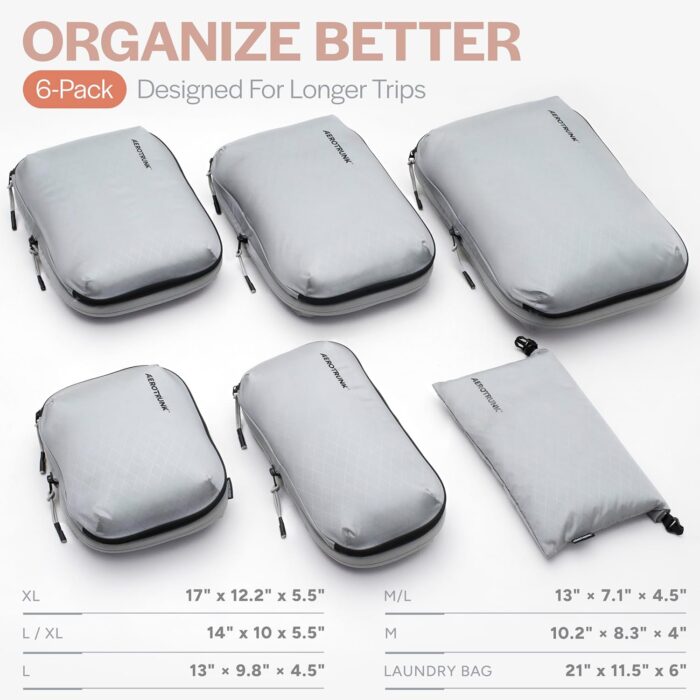 Aerotrunk Ultralight Compression Packing Cubes - Lightweight Travel Organizers for Suitcases and Luggage (6-Pack, Light Grey) - Image 3
