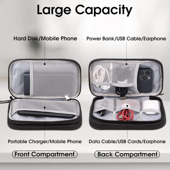 Arae Electronic Organizer, Travel Cable Organizer, Double Layers Portable Waterproof Pouch, Electronic Accessories Storage Case for Cable, Cord, Charger, Phone, Earphone (Black, M) - Image 3