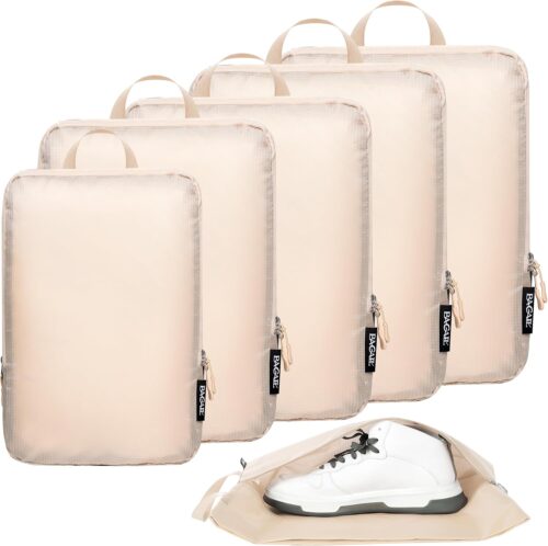 BAGAIL 6 Set Ultralight Compression Packing Cubes Packing Organizer with Shoe Bag for Travel Accessories Luggage Suitcase Backpack(70D,Beige)