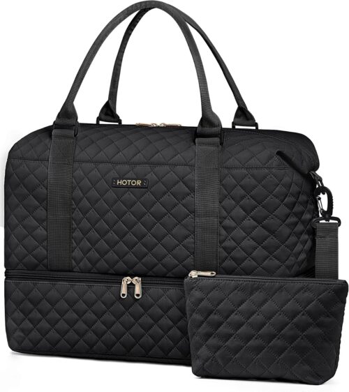 HOTOR Travel Duffel Bag - Large Weekender Bags for Women, Carry On Bag with Shoe Compartment, Overnight Bag with Toiletry Bag for Travel Essentials and Travel Accessories, Black, 34.0 x 45.0 x 20.0 cm