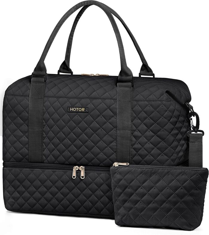 HOTOR Travel Duffel Bag - Large Weekender Bags for Women, Carry On Bag with Shoe Compartment, Overnight Bag with Toiletry Bag for Travel Essentials and Travel Accessories, Black, 34.0 x 45.0 x 20.0 cm