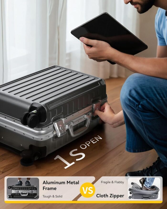 LUGGEX Carry On Luggage with Spinner Wheels, Aluminum Frame Polycarbonate Hard Shell Suitcase for Travelling, 22.0 x 14.6 x 9.6 Inch, Charcoal Metallic - Image 2