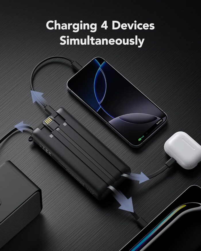 20000mAh Power Bank with Built-in Cables, Portable Charger 22.5W Fast Charging, VRURC Powerbank External Battery Pack 4 Output 2 Input PD & QC LED Display Compatible with iPhone Samsung Tablet,Black - Image 2