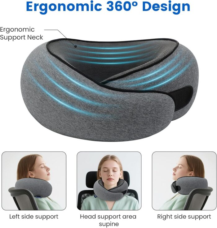Travel Neck Pillow for Airplanes, Memory Foam Travel Pillow with Adjustable Velcro, Complete Set Includes 3D Eye Mask, Ear Plugs & Luxury Bag - Portable Gift for Travel Essentials Large（Grey） - Image 5