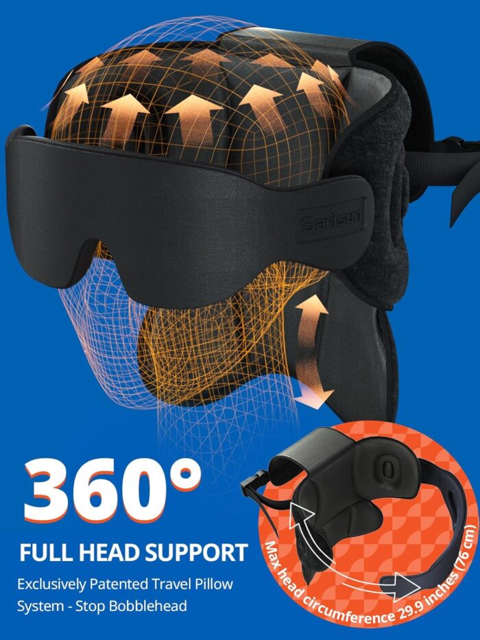 SARISUN Travel Pillows for Airplanes, Upgrade Airplane Neck Pillow with 3D Sleep Eye Mask for Budget Airlines, 360° Support Headrest, Portable Travel Essentials, Adjustable Airplane Head Strap, Black - Image 4