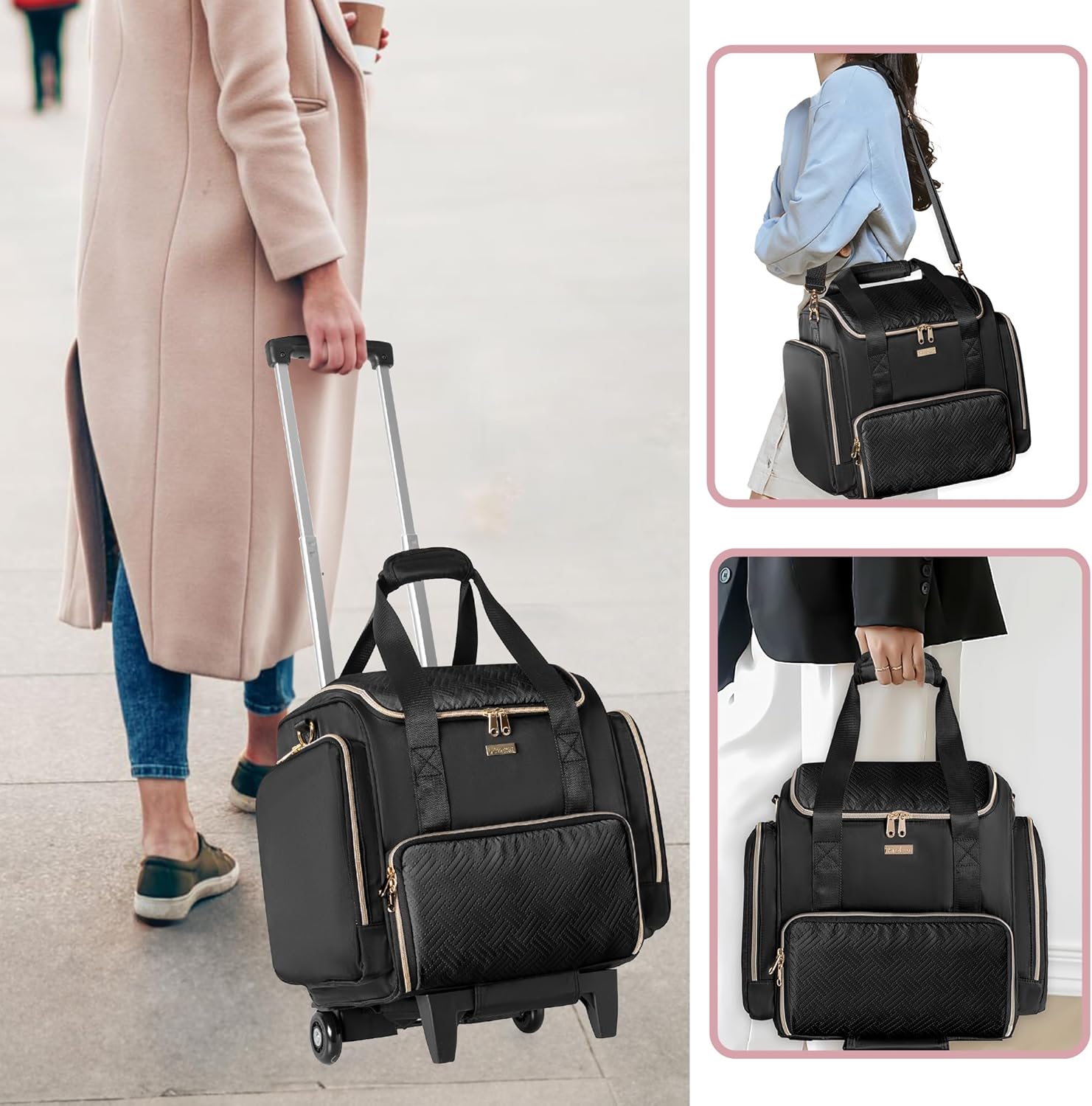 Prokva Rolling Makeup Case with 4 Removable Bags, Professional Makeup Train Case with Wheels, Makeup Artist Travel Bag with Brushes Storage Section, Black (Patent Design) - Image 4