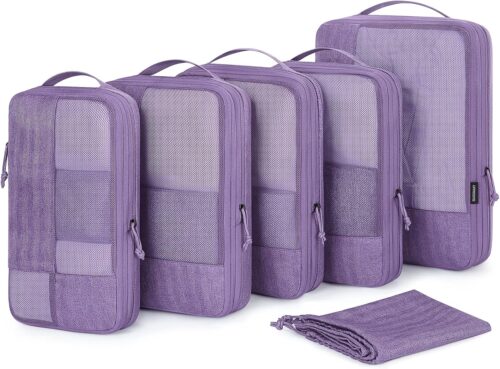 Compression Packing Cubes for Suitcase, 6 Set BAGSMART Travel Packing Cubes for Luggage, Compression Travel Cubes & Suitcase Organizer for Packing with Shoe Bag Purple
