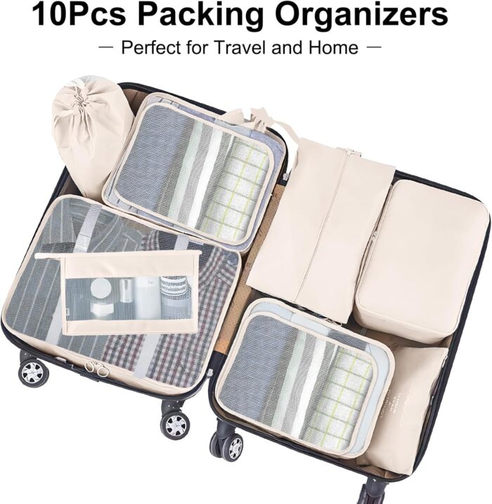 10 Set Packing Cubes for Suitcases, Packing Cubes Travel Essentials Organizer Bags, Travel Organizers (Beige) - Image 2