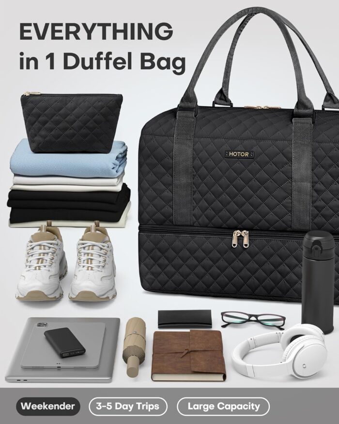 HOTOR Travel Duffel Bag - Large Weekender Bags for Women, Carry On Bag with Shoe Compartment, Overnight Bag with Toiletry Bag for Travel Essentials and Travel Accessories, Black, 34.0 x 45.0 x 20.0 cm - Image 3