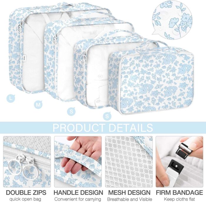 8 Set Packing Cubes for Travel, Luggage Packing Organizers Accessories Large Toiletries Bag for Clothes Shoes Cosmetics (Blue Flower) - Image 3