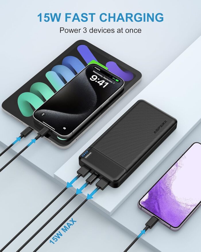 AsperX 2-Pack 15000mAh Portable Charger Power Bank 3A Fast Charging, USB C Output Portable Battery Bank External Battery Pack for iPhone 16/15/14/13, Galaxy, Google LG,Tablets and Heated Vest - Image 2