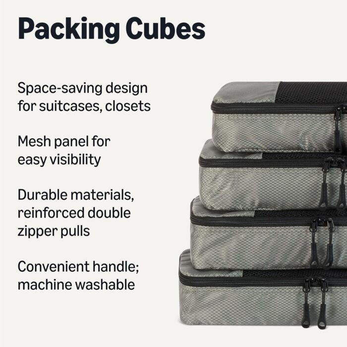 Amazon Essentials 4-Piece Packing Cubes Travel Accessories Set, Luggage Organizer with Double Zipper, Mesh Top, 100% Polyester, Slim, Gray (Previously Amazon Basics) - Image 2