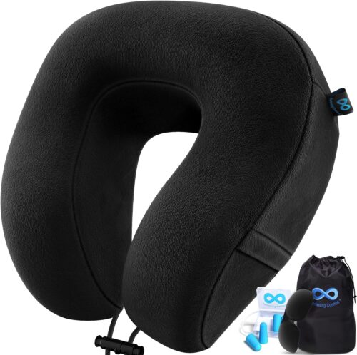 Everlasting Comfort Memory Foam Travel Pillow - Airplane Neck Rest & Plane Accessories (Black)