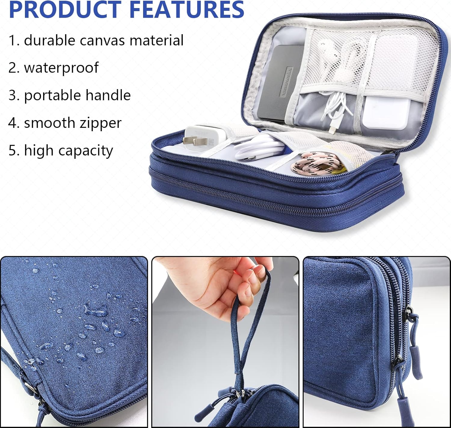 Teskyer Cable Organizer Bag, Portable Travel Cord Organizer case, All in One Waterproof Electronics Accessories Storage Bag for Cables, Chargers, Earphones, Hard Drives, 8.5 x 5 inch (Navy Blue) - Image 3