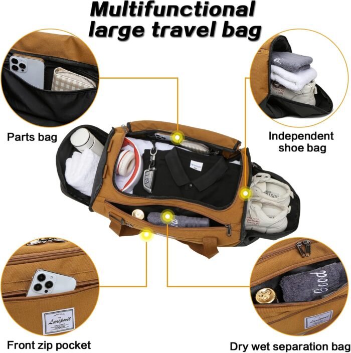 Travel Duffle Bag for Men 40L Sports Gym Bag with Wet Pocket & Shoes Compartment Weekender Overnight Backpack for Traveling Duffel Bag Backpack for Women, Khaki - Image 4