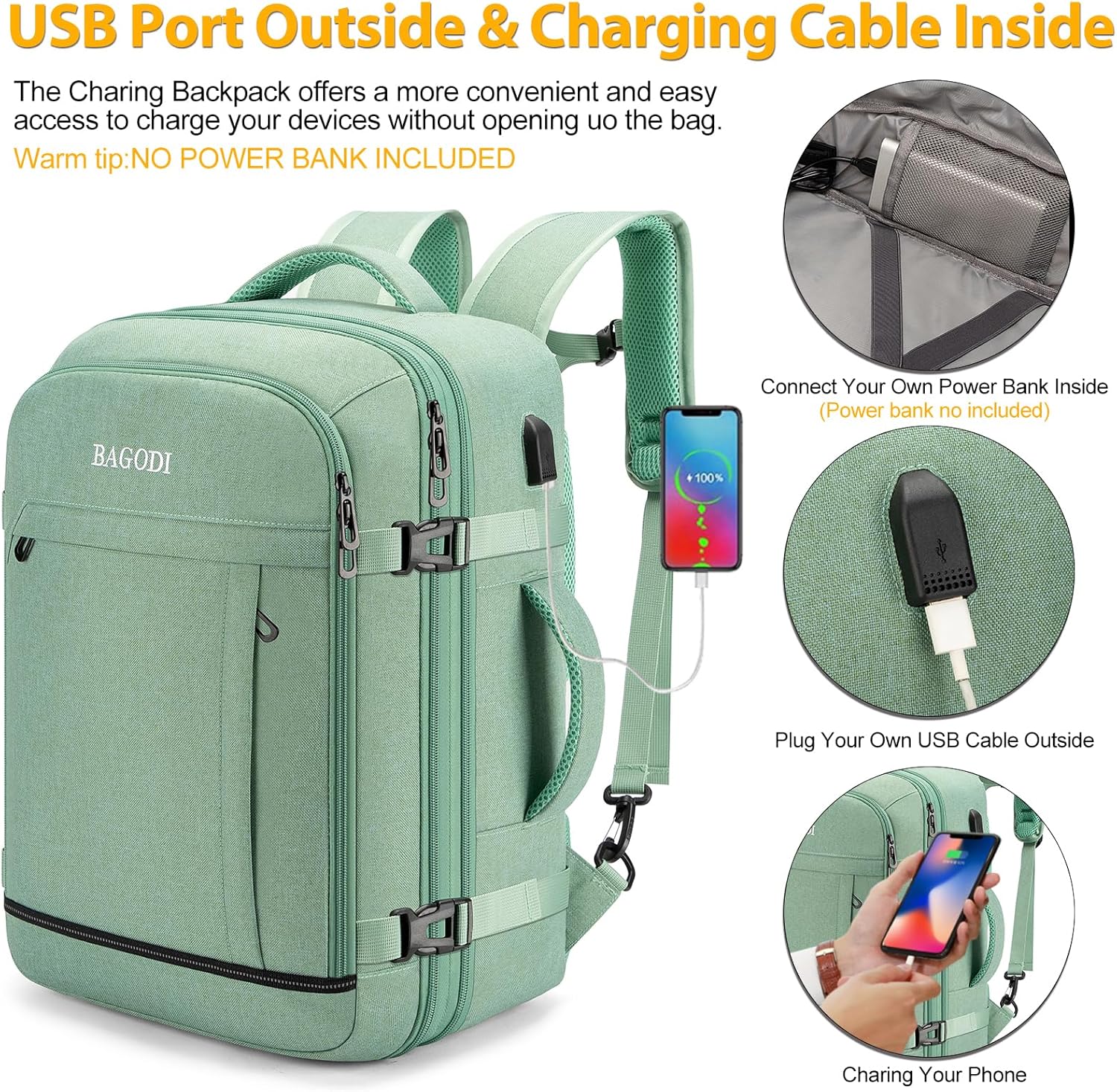 BAGODI Carry On Backpack for Men Women,42L Flight Approved Travel Backpack with 4 Packing Cubes,17Inch Laptop Backpack (A-Green (40L)) - Image 2