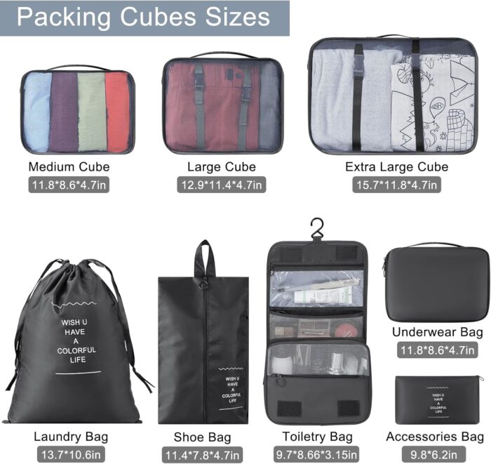 8 Set Packing Cubes Travel Organizer Waterproof Travel Cubes Set Foldable Compression Packing Cubes for Carry on Luggage Suitcase Organizer Bags with Hanging Toiletry Bag, Shoe Bag & Laundry Bag, Black - Image 2