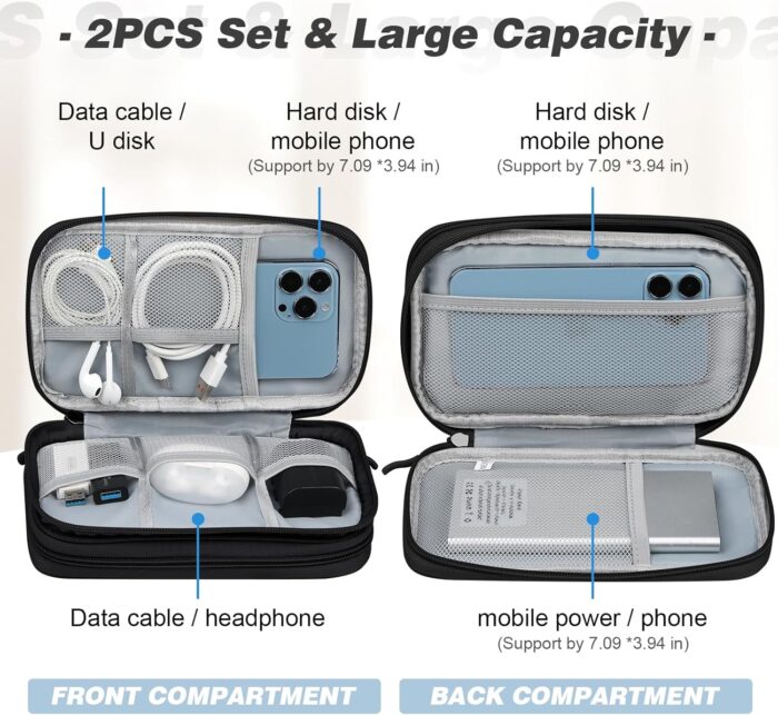 Electronics Travel Organizer 2 Pcs Tech Pouch with Double Layer Design Cable Organizer Bag Travel Essentials Waterproof Portable Storage Bag for Cable, Cord, Charger, Phone, Earphone,Black - Image 2