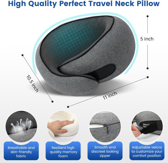 Travel Neck Pillow for Airplanes, Memory Foam Travel Pillow with Adjustable Velcro, Complete Set Includes 3D Eye Mask, Ear Plugs & Luxury Bag - Portable Gift for Travel Essentials Large（Grey） - Image 8