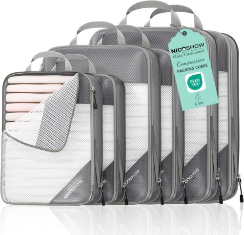 NICOSHOW 6 Set Compression Packing Cubes, Compressible Travel Packing Cubes Travel Essentials, Luggage Organizers for Carry-on Suitcase, Travel Bag Organizer, Grey