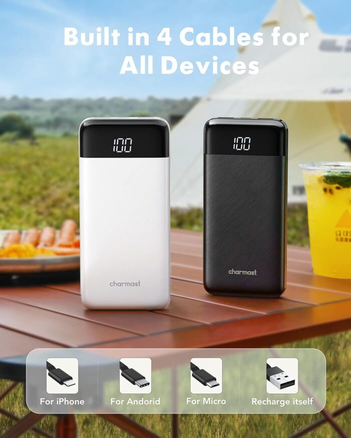 Charmast 2 Pack of Portable Chargers with Built in Cables, 2PCS Slim 10000mAh Travel Essentials Battery Pack 6 Outputs 3A Power Banks for iPhone Samsung Pixel LG Moto iPad (Black + White) - Image 2