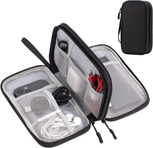 Arae Electronic Organizer, Travel Cable Organizer, Double Layers Portable Waterproof Pouch, Electronic Accessories Storage Case for Cable, Cord, Charger, Phone, Earphone (Black, M)