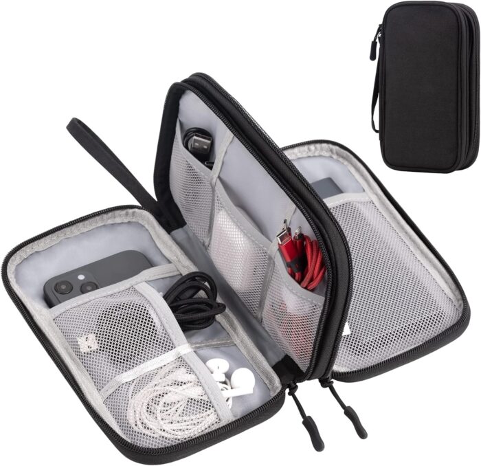 Arae Electronic Organizer, Travel Cable Organizer, Double Layers Portable Waterproof Pouch, Electronic Accessories Storage Case for Cable, Cord, Charger, Phone, Earphone (Black, M)