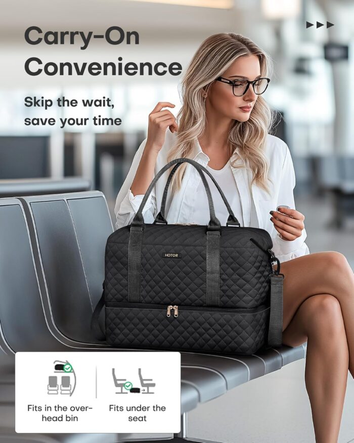 HOTOR Travel Duffel Bag - Large Weekender Bags for Women, Carry On Bag with Shoe Compartment, Overnight Bag with Toiletry Bag for Travel Essentials and Travel Accessories, Black, 34.0 x 45.0 x 20.0 cm - Image 7