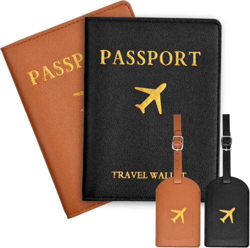 Dokpav 2 Pieces Passport Holder Cover and 2 Pieces Travel Luggage Tags, PU Leather Passport Holder and Luggage Tag Travel Set, Passport Wallets Passport Covers for Storing Passports (Brown, Black)