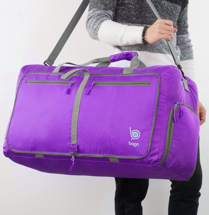 Bago Large Foldable Duffel Bags for Traveling Women & Men - 80L Packable Duffle Bag for Travel with Shoe Compartment - Water Repellant, Heavy Duty, Lightweight Folding & Collapsible (Purple) - Image 2