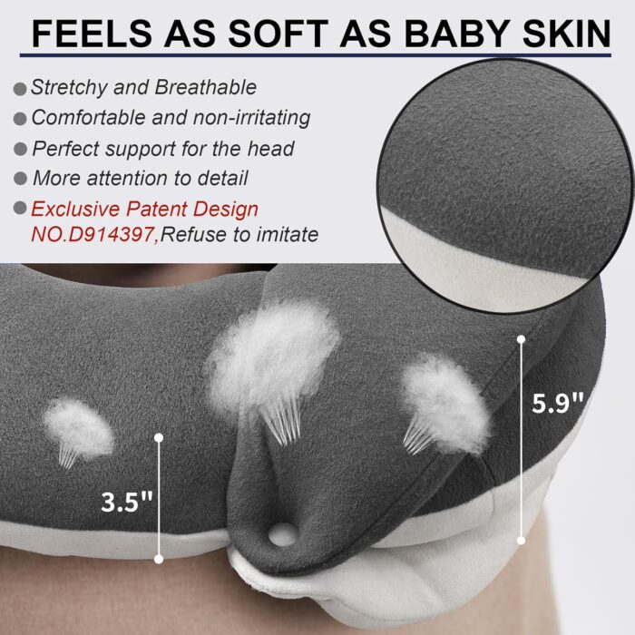 BUYUE Travel Neck Pillows for Airplanes, 360° Head Support Sleep for Long Flight, Skin-Friendly & Breathable, Kit with 3D Contoured Eye Mask, Earplugs and Storage Bag (Adult, Grey, 90+ lbs) - Image 4