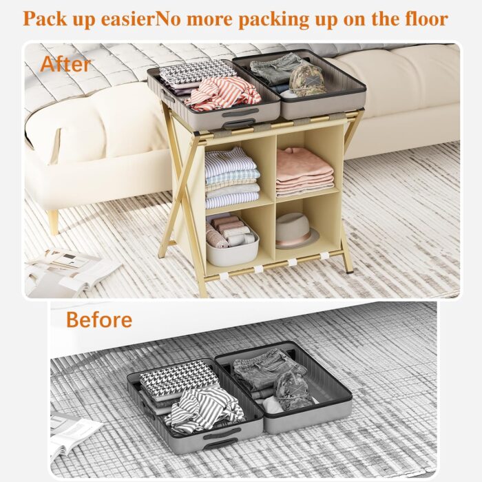 aboxoo Luggage Rack with storage, Guest Room Folding Suitcase Stands, Holds up to 120 lb, Space Saving Suitcase Holders for guest room, Bedroom Hotel, Gold - Image 7