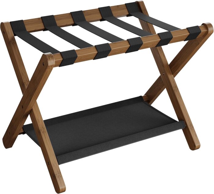 SONGMICS Luggage Rack, Bamboo Luggage Rack for Guest Room, Folding Suitcase Stand, for Hotel, Bedroom, Heavy-Duty, Holds up to 131 lb, Walnut Brown URLR007D01