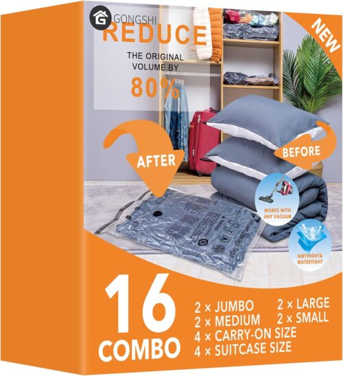 16 Pack Travel Vacuum Bags For Luggage,Carry-on Size Vacuum Seal Bags for Luggage and Suitcase Compression, Space Saver for Clothes and Clothing Organization