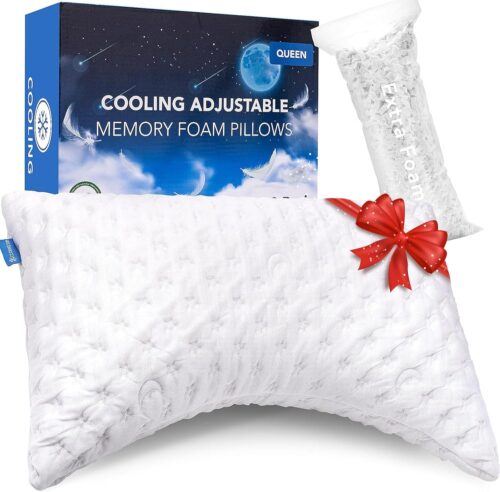 Cooling Side Sleeper Pillow for Neck and Shoulder, Luxury Shredded Memory Foam Curved Bed Pillows for Sleeping Set of 1- Adjustable Queen Size- Washable Cover Crescent White