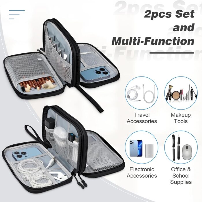 Electronics Travel Organizer 2 Pcs Tech Pouch with Double Layer Design Cable Organizer Bag Travel Essentials Waterproof Portable Storage Bag for Cable, Cord, Charger, Phone, Earphone,Black - Image 6