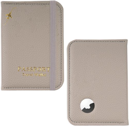 Lvkjafaz Passport Holder with Airtag Slot, Airtag Passport Wallet for Men Women, Slim Leather Passport Holder Case Family for Travel Anti-Lost(1-Lichee Grey)