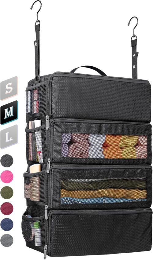 Suitcase Organizer, Travel Luggage Organizer Hanging Shelves Packing Cube Closet/Collapsible Portable Travel Organizer for Carry-on, Medium, Black