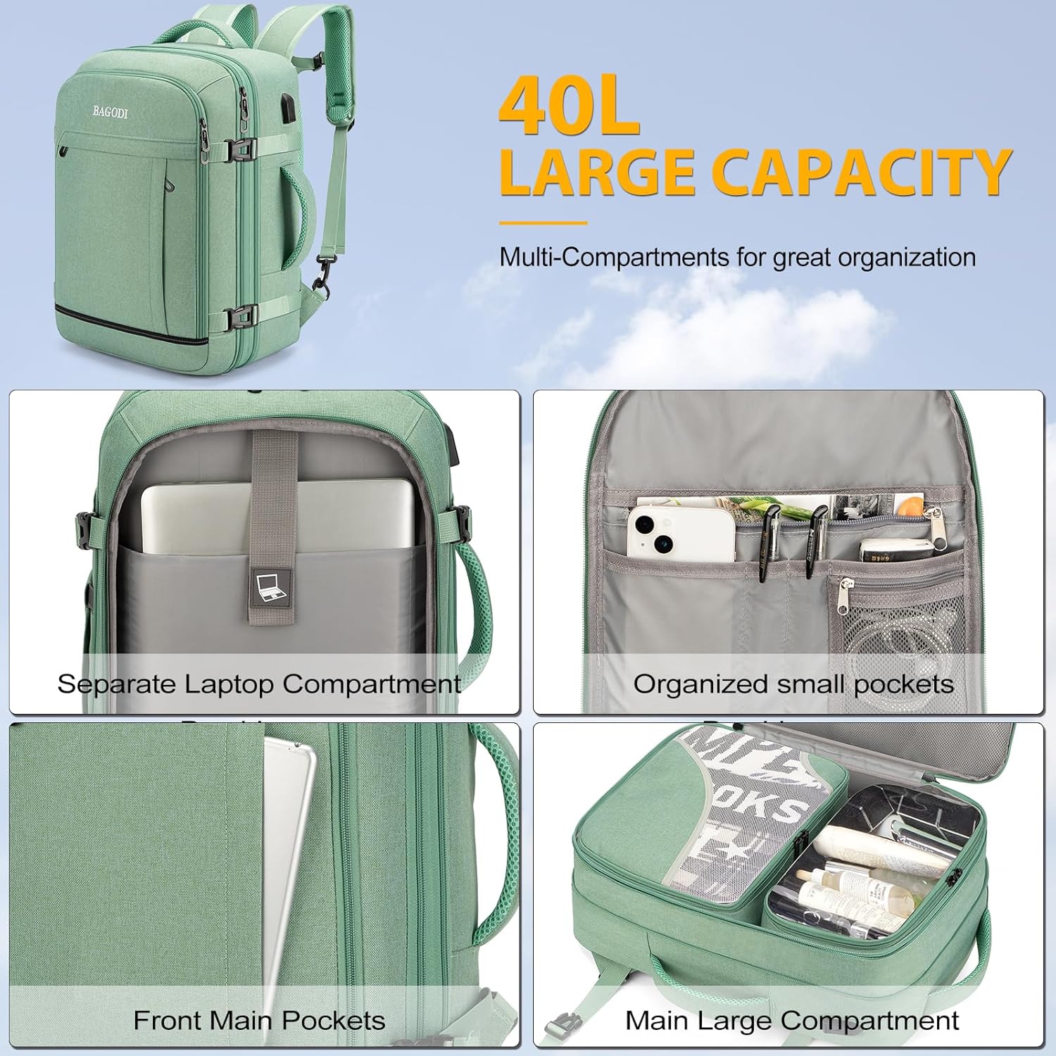 BAGODI Carry On Backpack for Men Women,42L Flight Approved Travel Backpack with 4 Packing Cubes,17Inch Laptop Backpack (A-Green (40L)) - Image 5