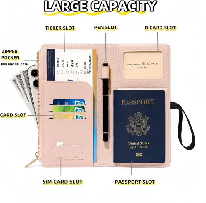 NQQNQQ RFID-Blocking Leather Travel Wallet & Passport Holder with Zipper Pocket, Card Slots, and Phone Compartment – Waterproof Travel Organizer for Women & Men. TG-1 (Pink) - Image 2