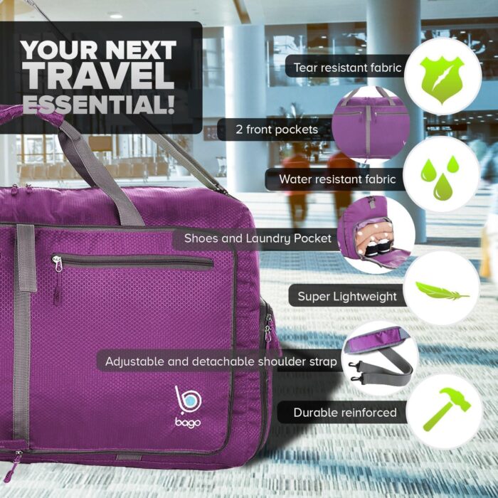 Bago Large Foldable Duffel Bags for Traveling Women & Men - 80L Packable Duffle Bag for Travel with Shoe Compartment - Water Repellant, Heavy Duty, Lightweight Folding & Collapsible (Purple) - Image 3