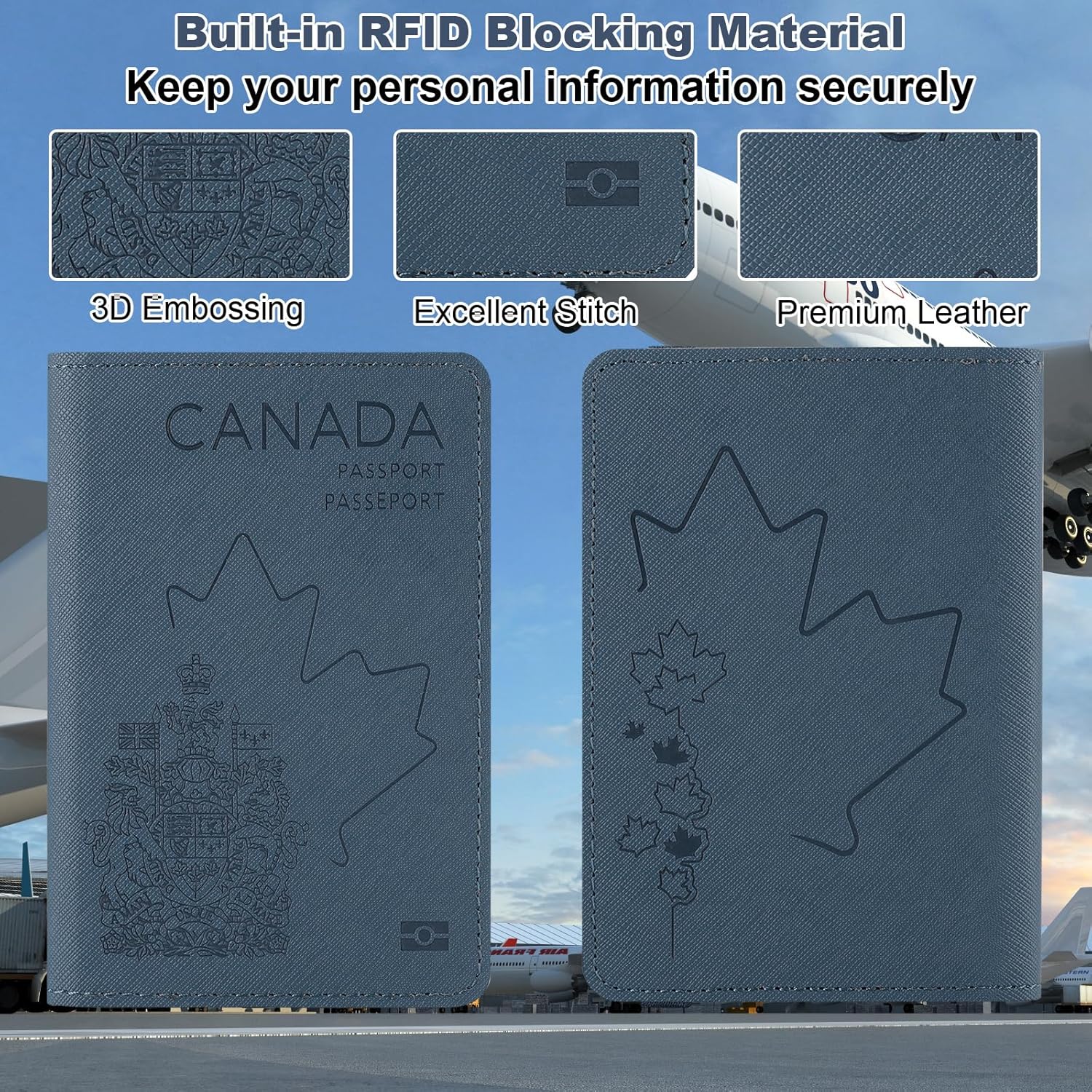 Premium Faux Leather Passport Holder RFID Blocking,3D Embossed Passport Case for Canadian and International Travel Slim Passport Cover for Men and Women Blue - Image 2