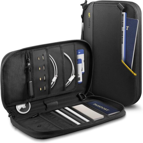 Spigen Life Passport Holder for Family, Passport Wallet Travel Documents Organizer Passport Holder with RFID Blocking, SIM Card Holder and Eject Pin, Wrist Strap, up to 4 Passports- Black