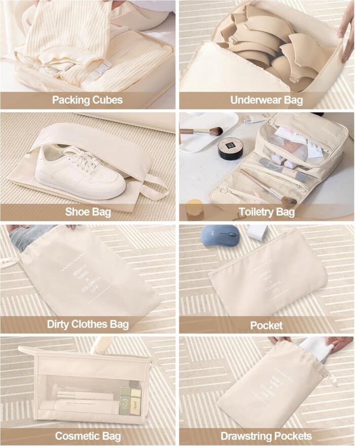 10 Set Packing Cubes for Travel Luggage Packing Organizers Suitcases Organizer Bags Beige - Image 7