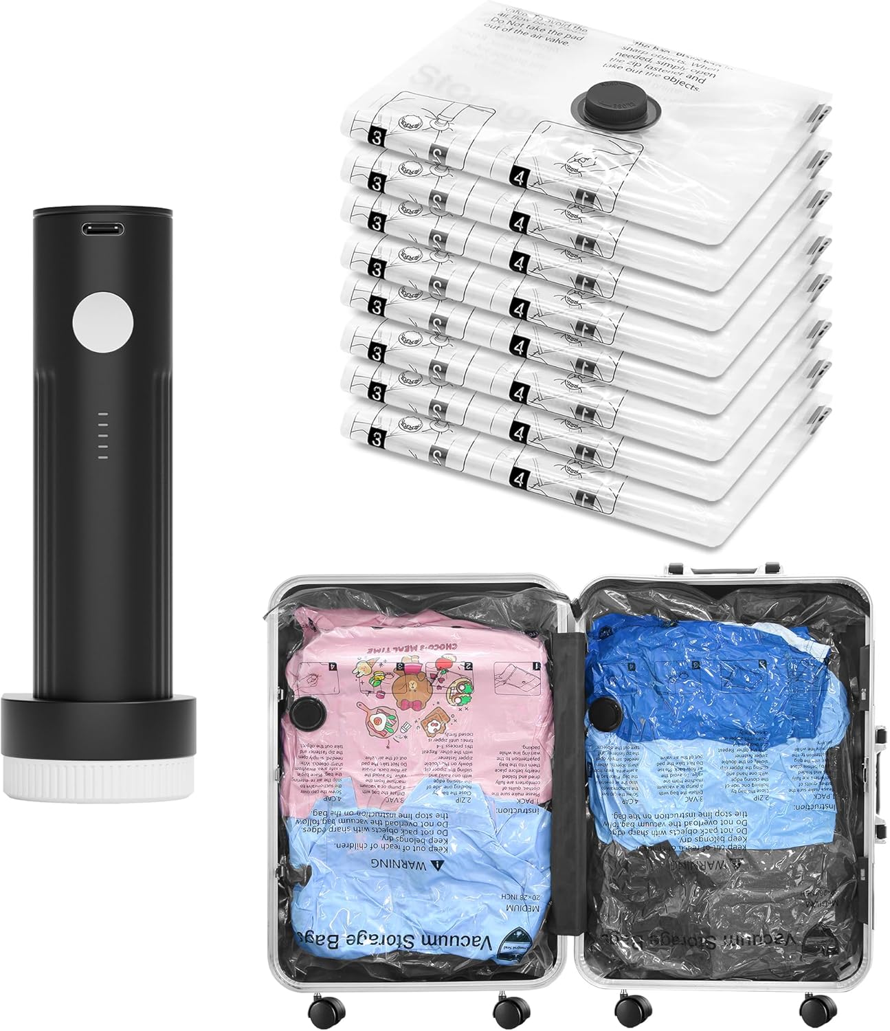 SUOCO Vacuum Bags for Travel with Portable Electric Pump, 8 Pack Carry on Size Compression Packing Seal Bags for Luggage and Suitcase, Space Saver for Clothing Travel