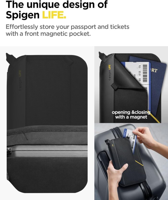 Spigen Life Passport Holder for Family, Passport Wallet Travel Documents Organizer Passport Holder with RFID Blocking, SIM Card Holder and Eject Pin, Wrist Strap, up to 4 Passports- Black - Image 2