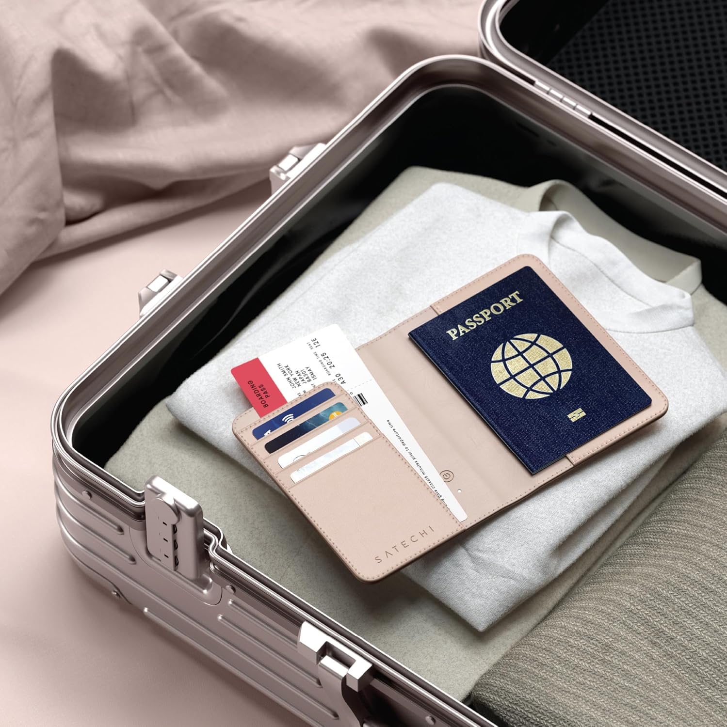 Satechi Passport Holder for Travel with Find My, Passport Cover with 4 Card Holder, Wireless Charging, and RFID Protection – Travel Essential Vegan Leather Passport Holder – Desert Rose - Image 9