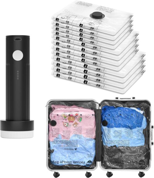 SUOCO Travel Vacuum Bags for Luggage with Portable Electric Pump, 12 Combo (4L/4M/4S) Packing Seal Bags for Clothing Suitcase Backpack, Space Saver Compression Clothes Storage Bags